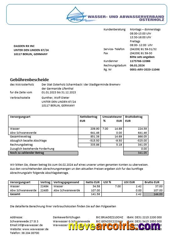 Germany Wavwasser business utility bill